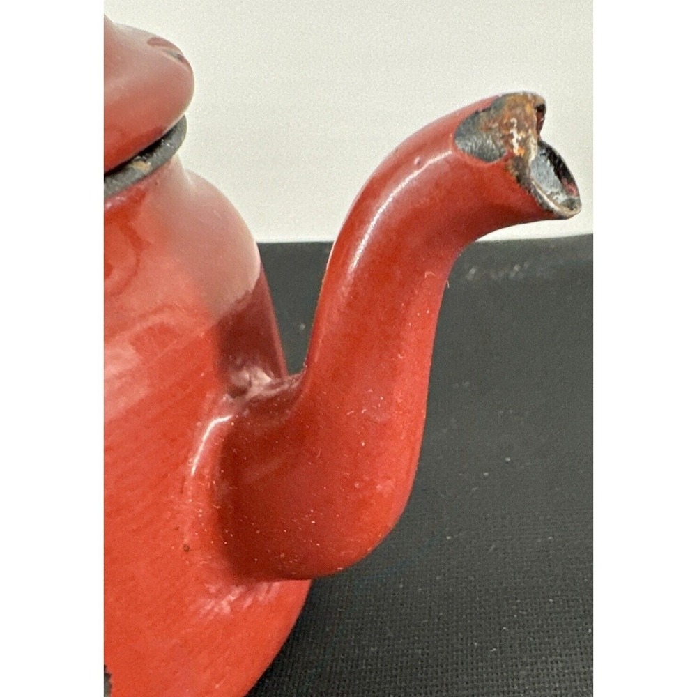 Teapot Burgundy Enamel Metal Farmhouse Decor 4.5" T Gooseneck Spout Distressed - Picture 3 of 11